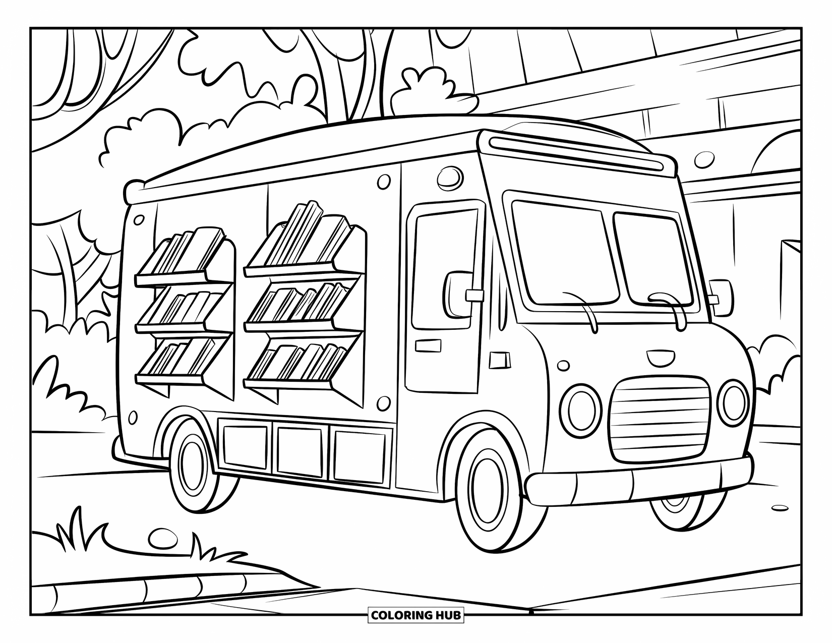 Reading Coloring Page for Kids: A cheerful bookmobile van filled with books parked outside