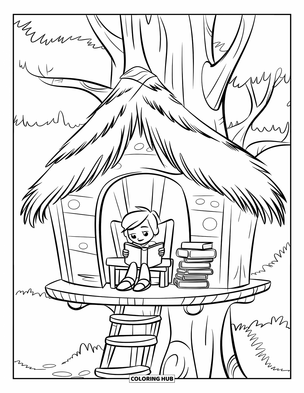 Reading Coloring Page for Kids: A child reads in a treehouse surrounded by books and trees