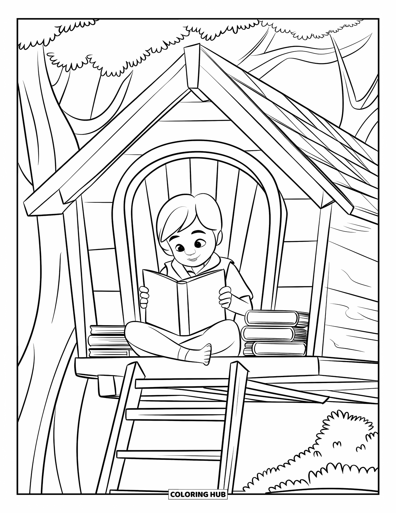 Reading Coloring Page for Kids: A child reads in a wooden treehouse filled with books