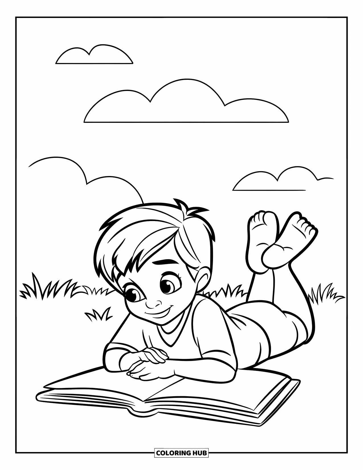 Reading Coloring Page for Kids: A child reads on the grass with their feet up happily