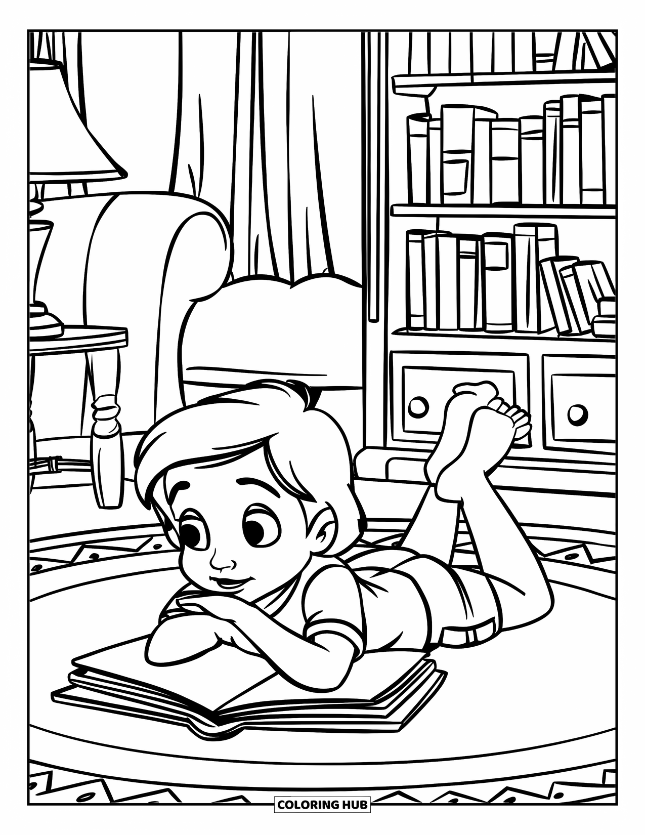 Reading Coloring Page for Kids: A child reads on their stomach in a cozy, book-filled room