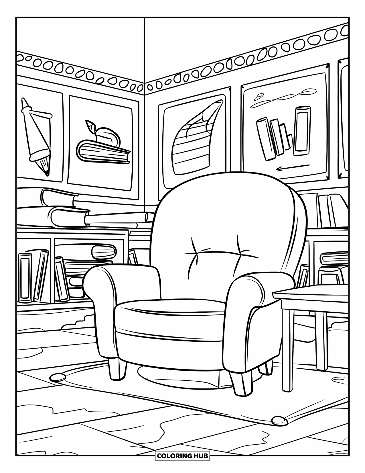 Reading Coloring Page for Kids: A classroom nook with a comfy chair and shelves of books