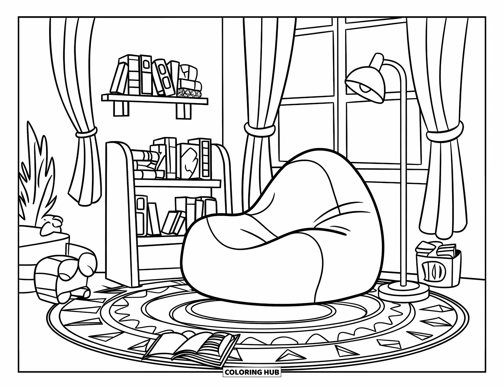 Reading Coloring Page for Kids: A comfy reading corner with a bean bag and a small bookshelf