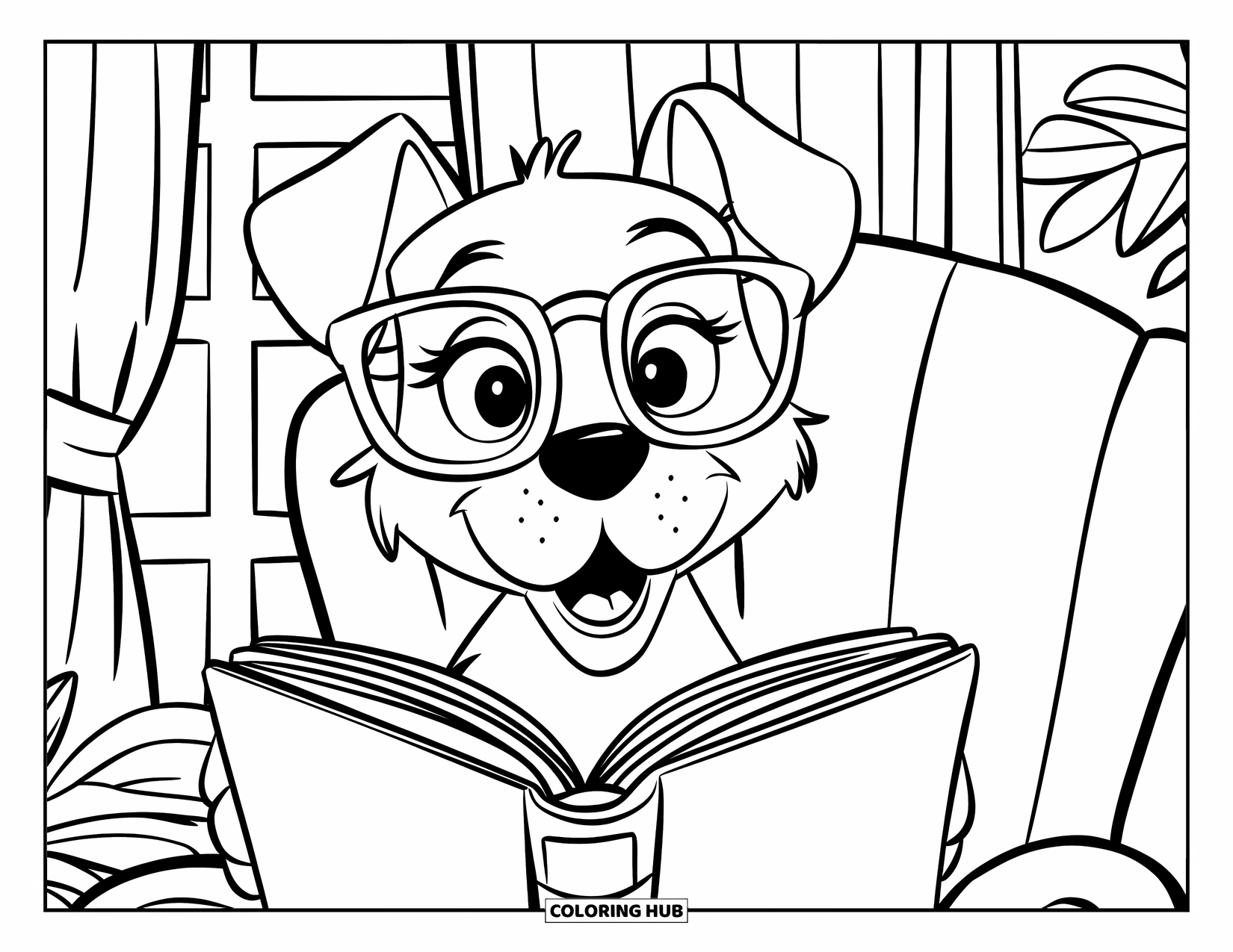 Reading Coloring Page for Kids: A dog with glasses reads a book by a sunny window