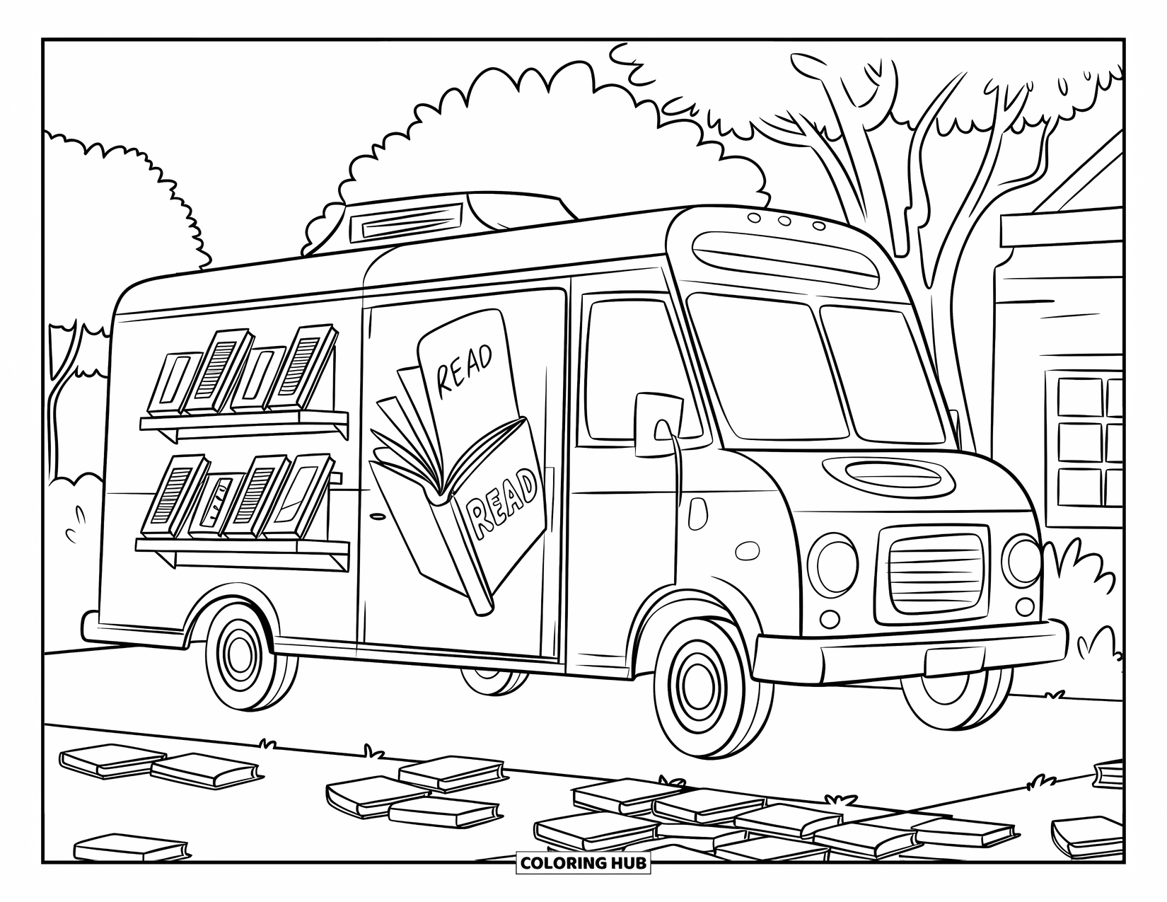 Reading Coloring Page for Kids: A fun bookmobile with shelves of books parked under a clear sky
