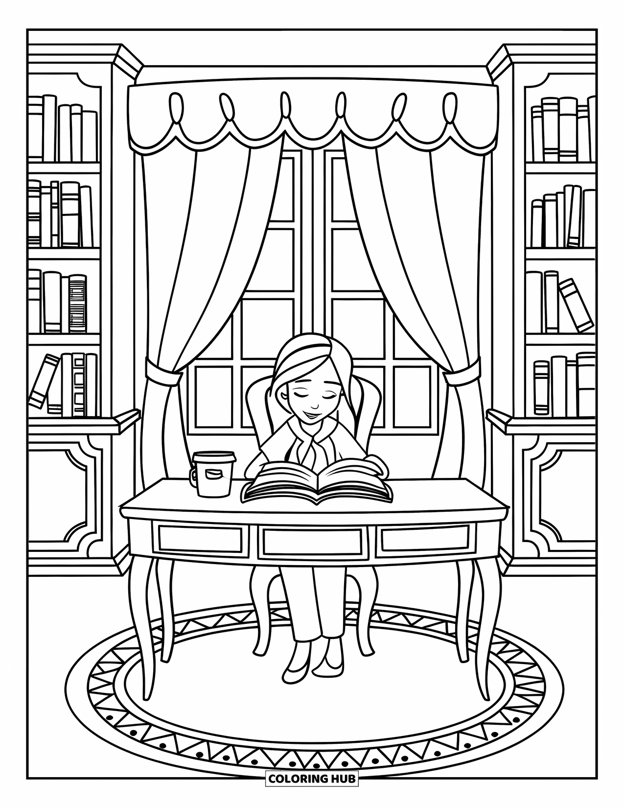 Reading Coloring Page for Kids: A girl reads at her desk beside bookshelves and a window