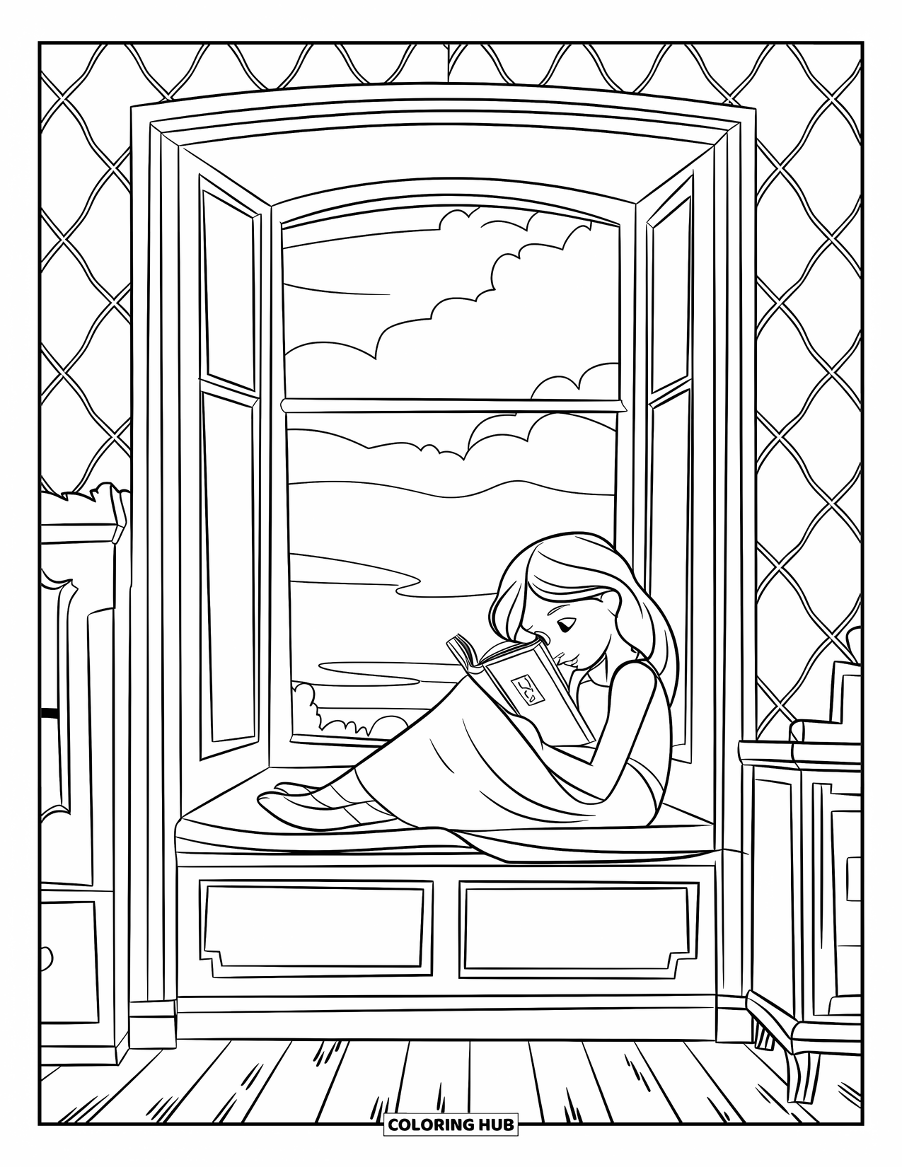 Reading Coloring Page for Kids: A girl reads by a window seat in a cozy, patterned room