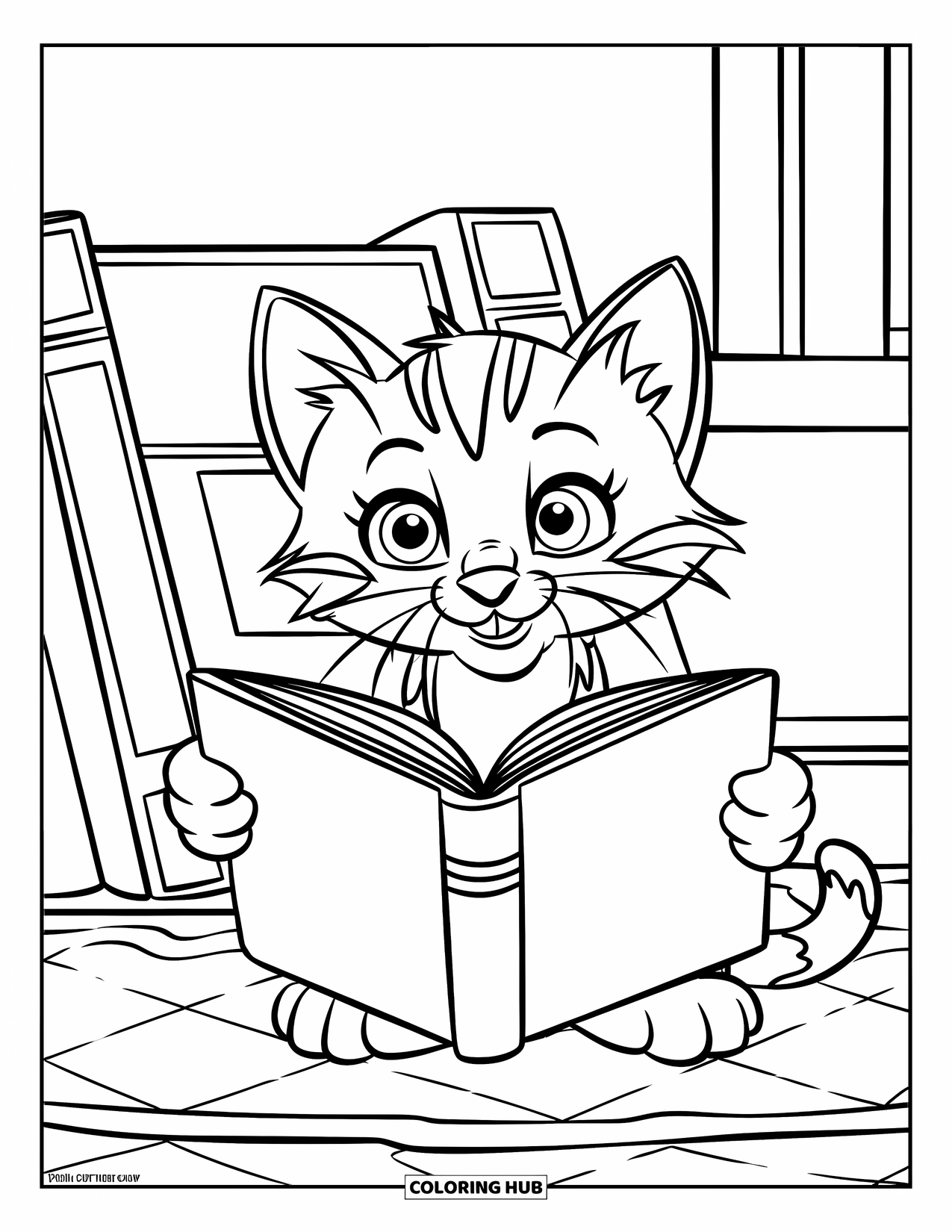 Reading Coloring Page for Kids: A kitten holds a book beside a small bookshelf