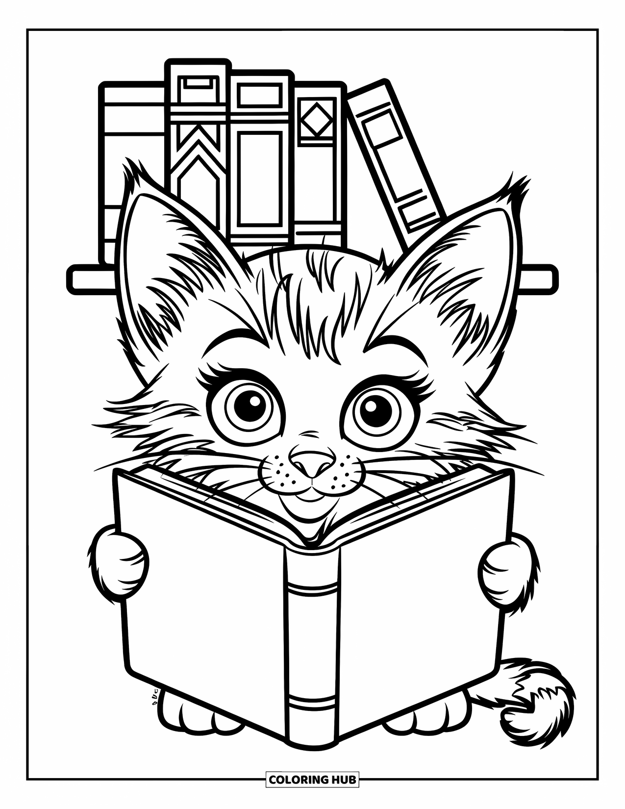 Reading Coloring Page for Kids: A kitten with big eyes holds a book beside a bookshelf