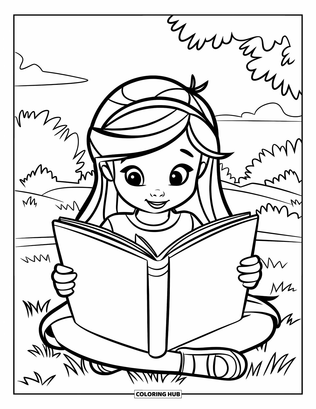 Reading Coloring Page for Kids: A red-haired girl reads on the grass beneath soft white clouds