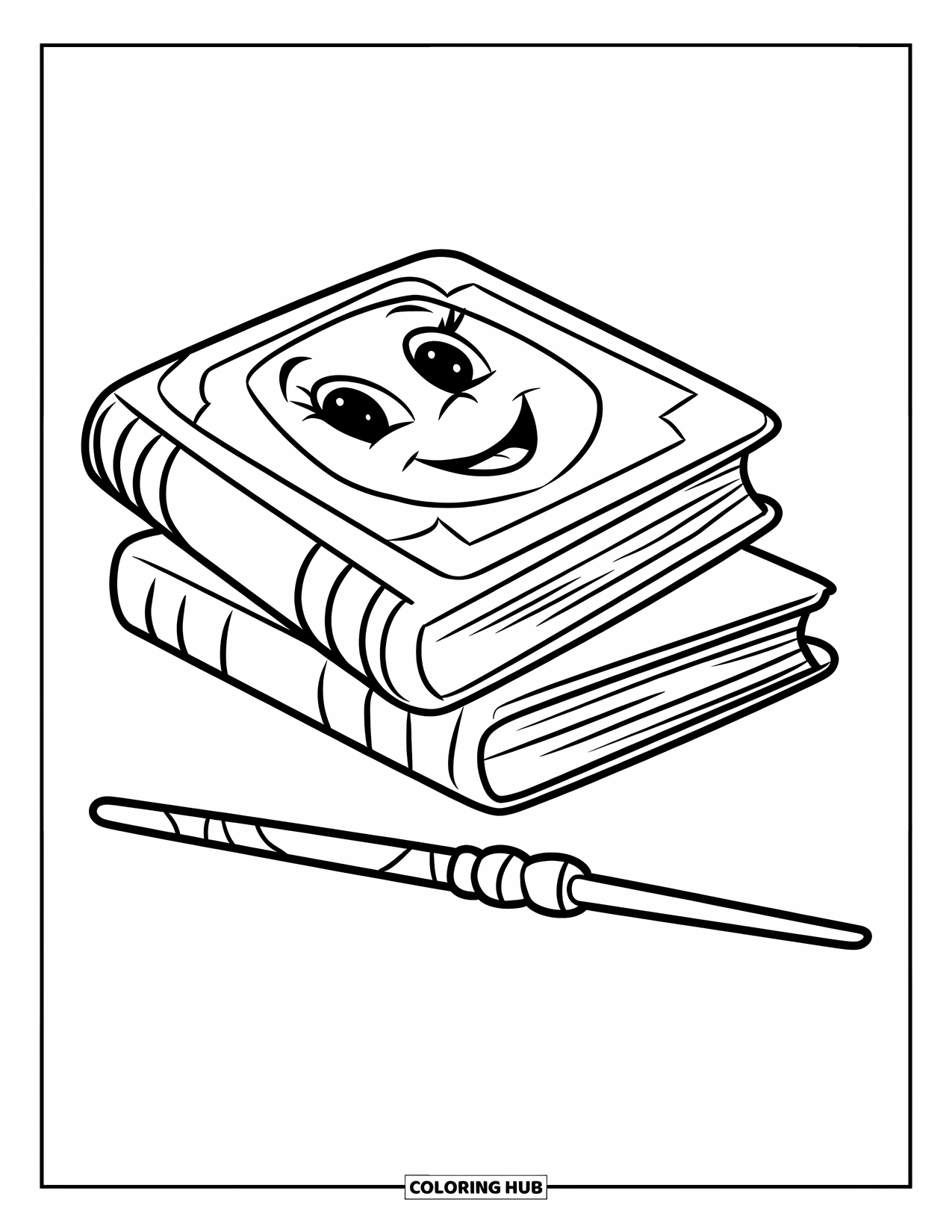 Reading Coloring Page for Kids: A smiling book sits atop a tall stack of books