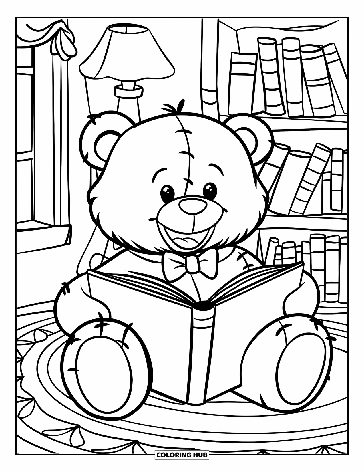 Reading Coloring Page for Kids: A teddy bear reads in a cozy room with a lamp and shelf