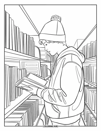 Tegning med læsning til børn: En teenager i hættetrøje leder på hylder i en fredfyldt biblioteksgangbane