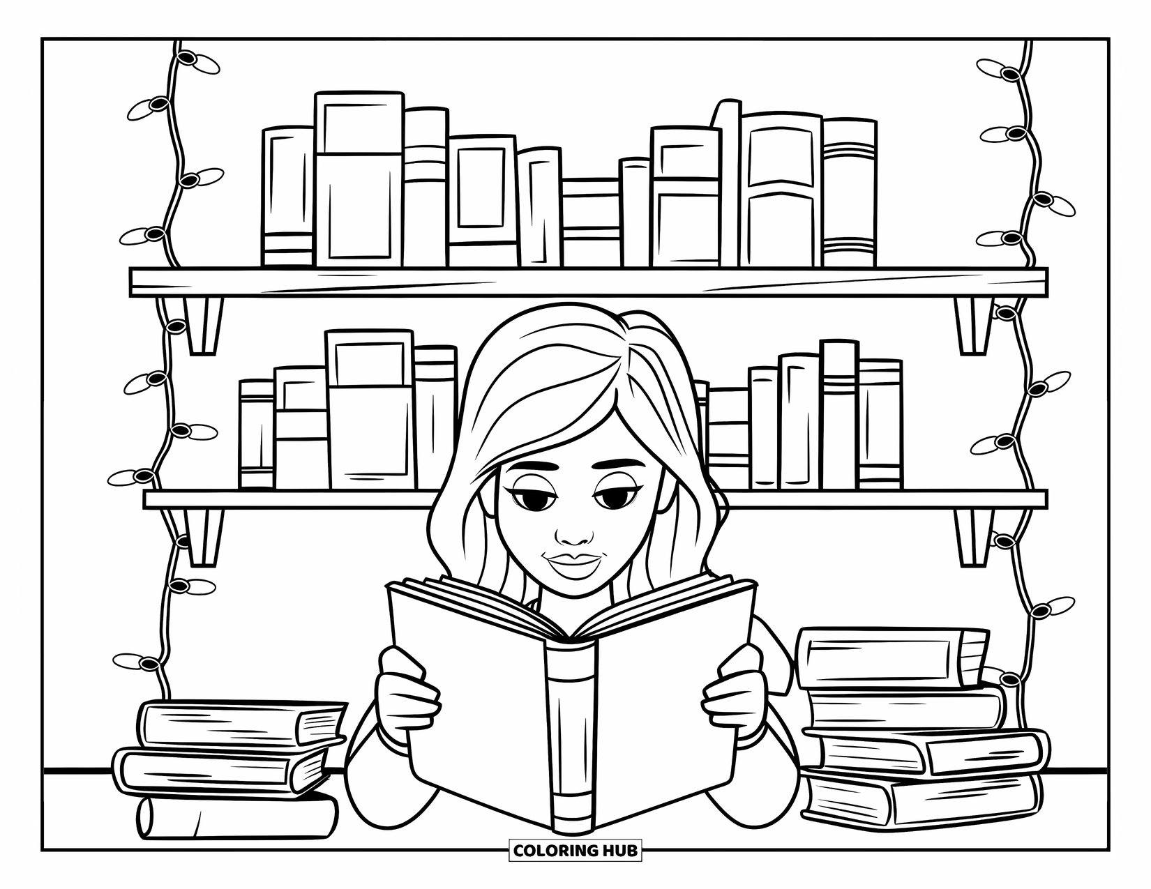 Reading Coloring Page for Kids: A teen reads beneath fairy lights beside shelves filled with books