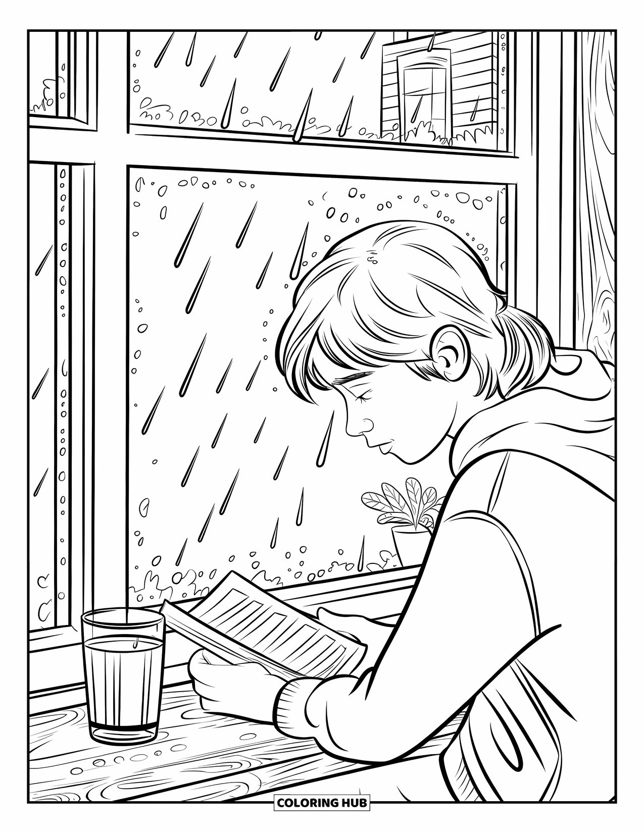Reading Coloring Page for Kids: A teen reads by a window during rainfall with a plant nearby