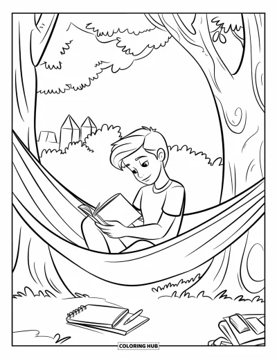 Tegning med læsning til børn: En teenager læser i en hængekøje mellem træer med bøger i nærheden