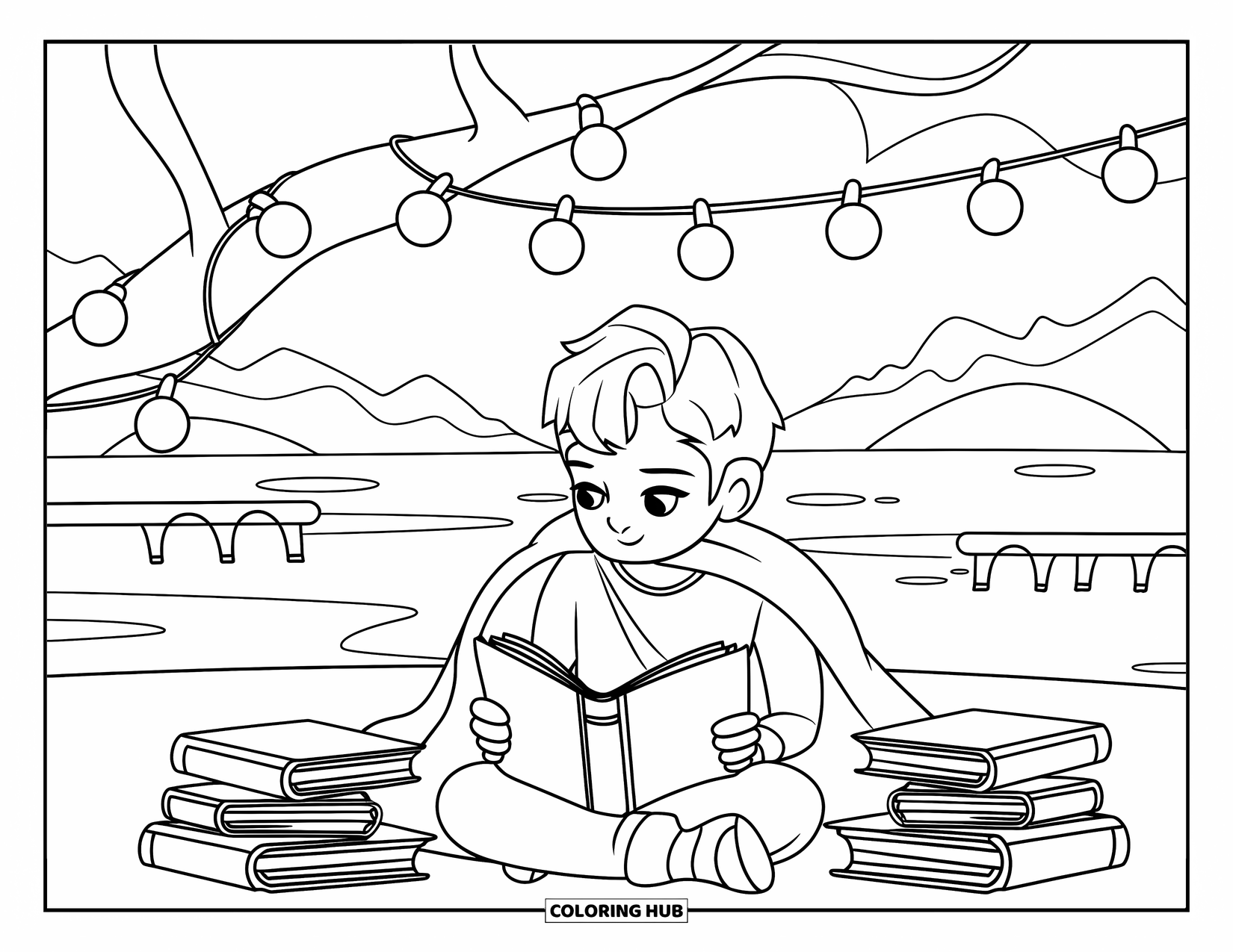 Reading Coloring Page for Kids: A teen reads wrapped in a blanket under fairy lights near a calm lake