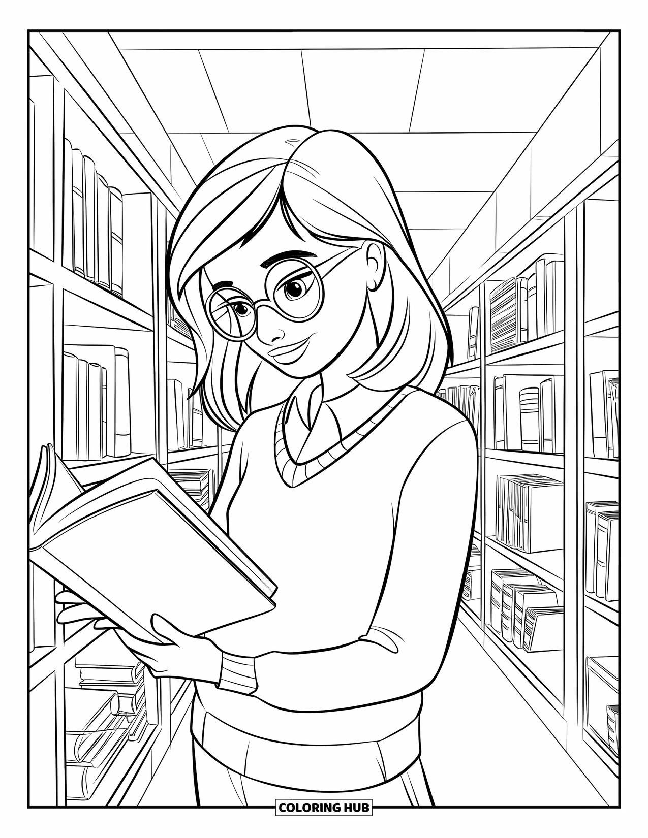 Reading Coloring Page for Kids: A teen with glasses looks for books in a cozy library aisle