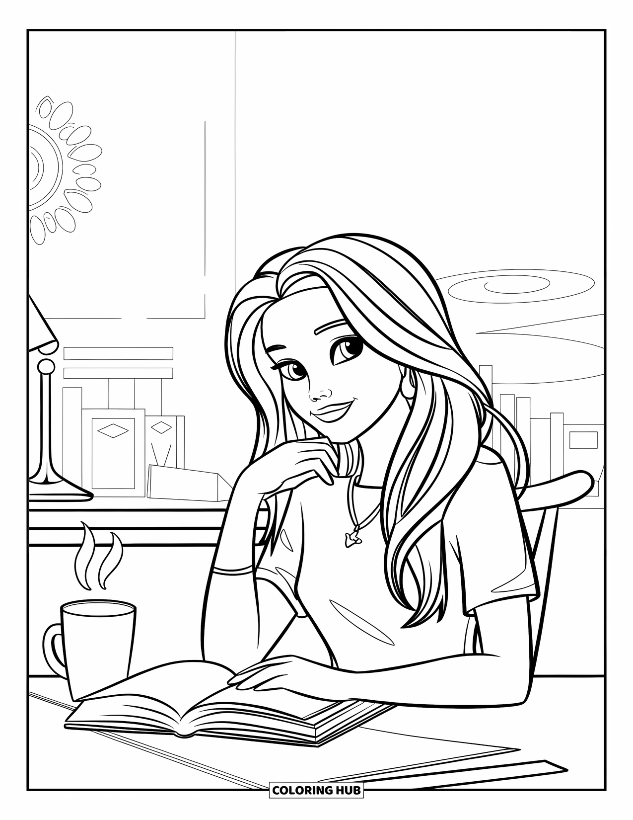 Reading Coloring Page for Kids: A teen with long hair reads at a desk with a lamp and mug