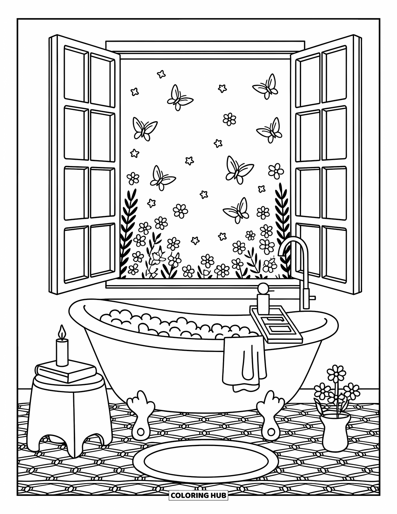 Relaxing Coloring Page for Adults: A bathtub by a sunny window overflows with bubbles and peaceful calm