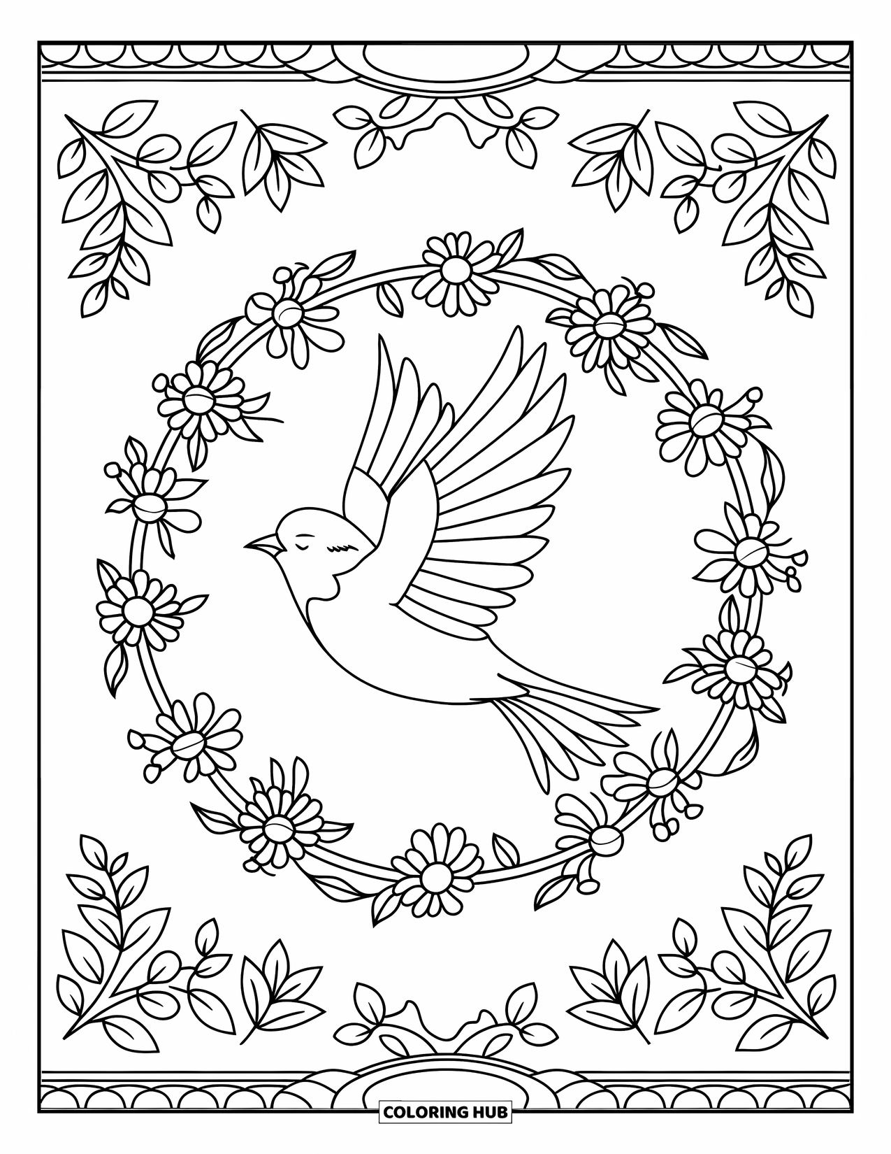 Relaxing Coloring Page for Adults: A bird with open wings glides inside a floral and leafy ring