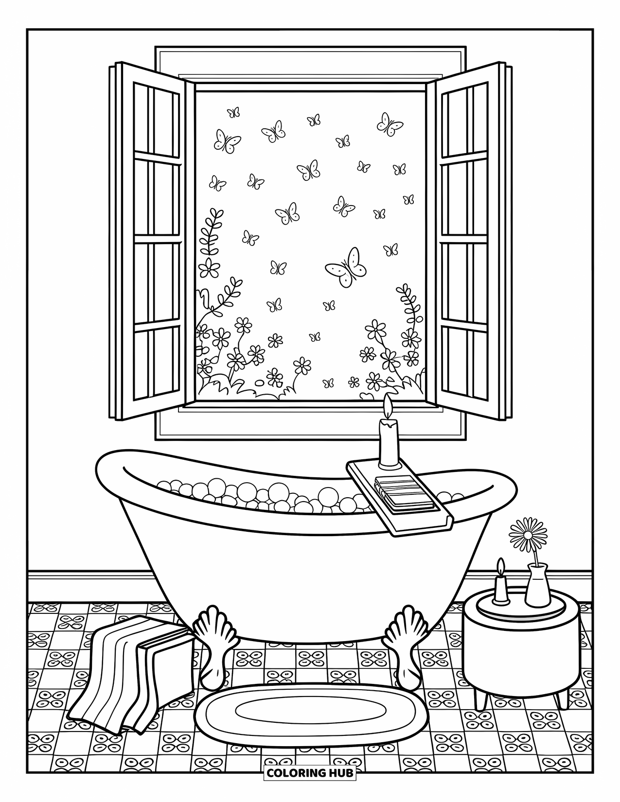 Relaxing Coloring Page for Adults: A bubbly bath near a window overlooks a bright, fluttering garden