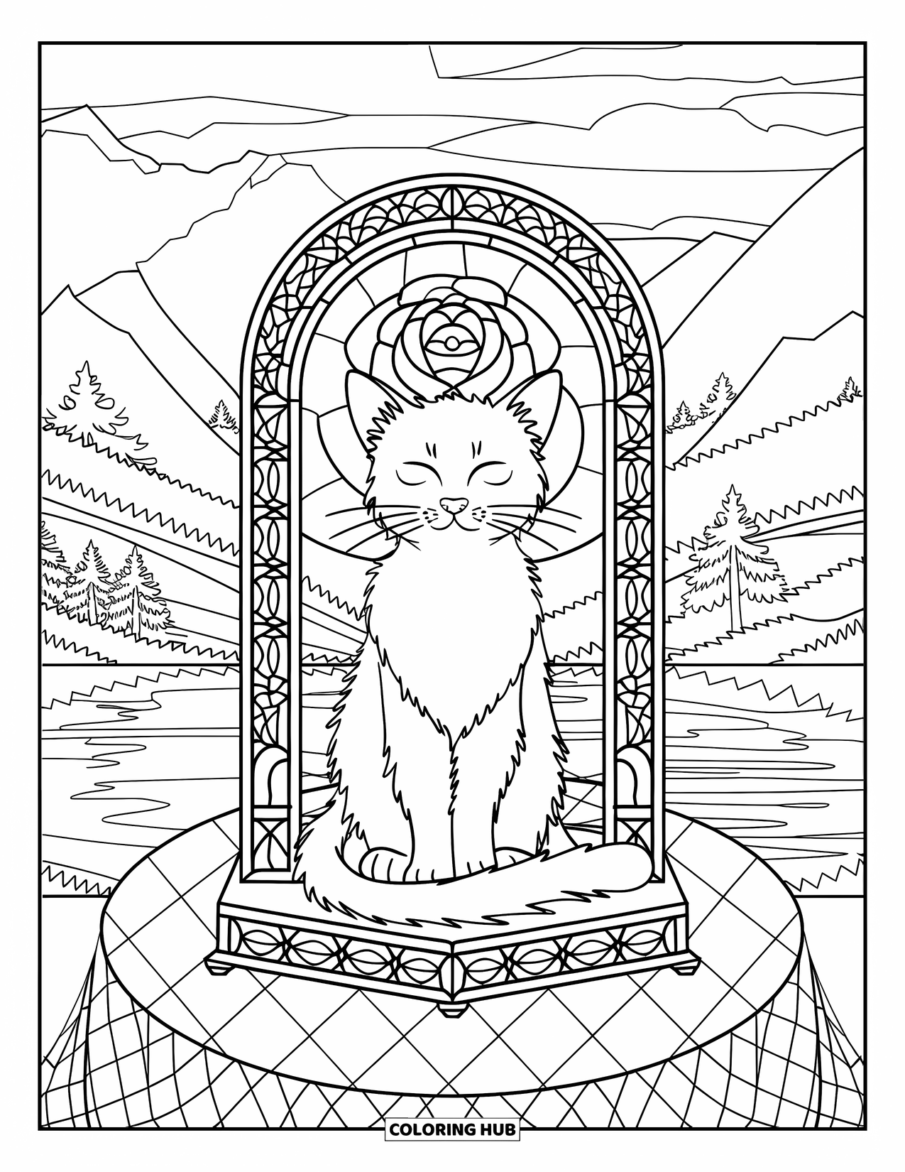 Relaxing Coloring Page for Adults: A calm cat sits peacefully within a rose-shaped stained glass frame