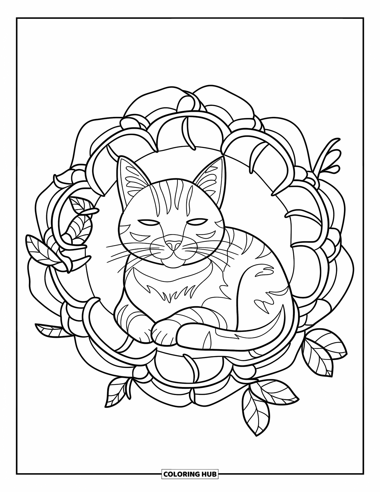 Relaxing Coloring Page for Adults: A cat rests serenely inside a rose-shaped frame of intricate glass