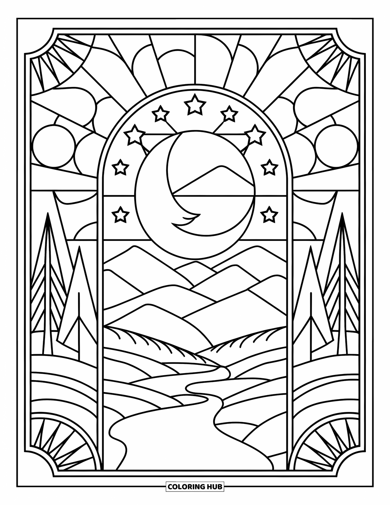 Relaxing Coloring Page for Adults: A glowing moon rises above mountains framed by shining stars