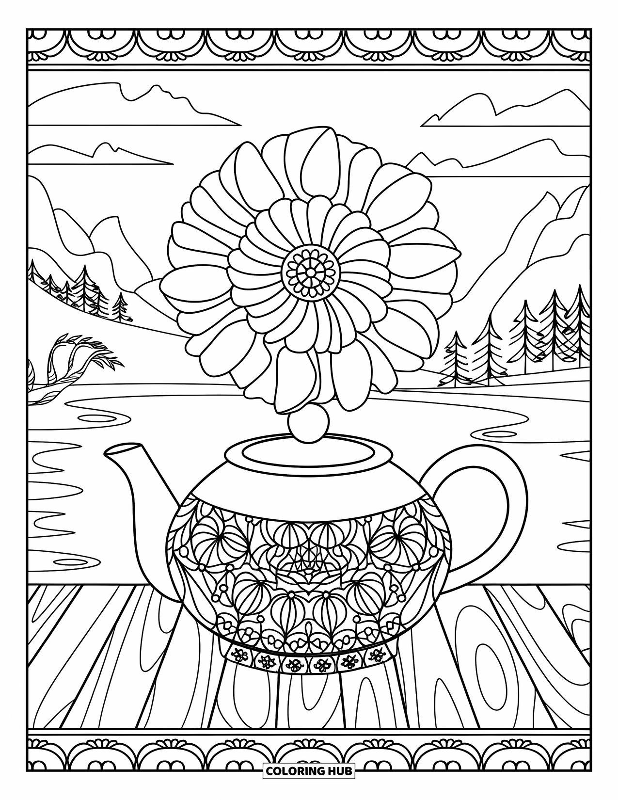 Relaxing Coloring Page for Adults: A happy teapot stands on wood with a floral mandala spreading outward