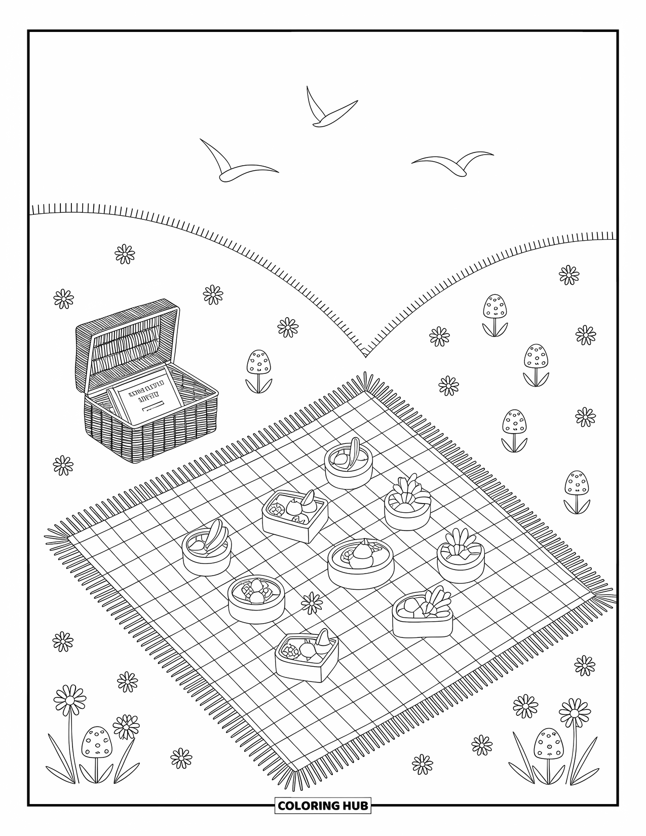 Relaxing Coloring Page for Adults: A picnic scene of treats and flowers rests on a gentle green hillside