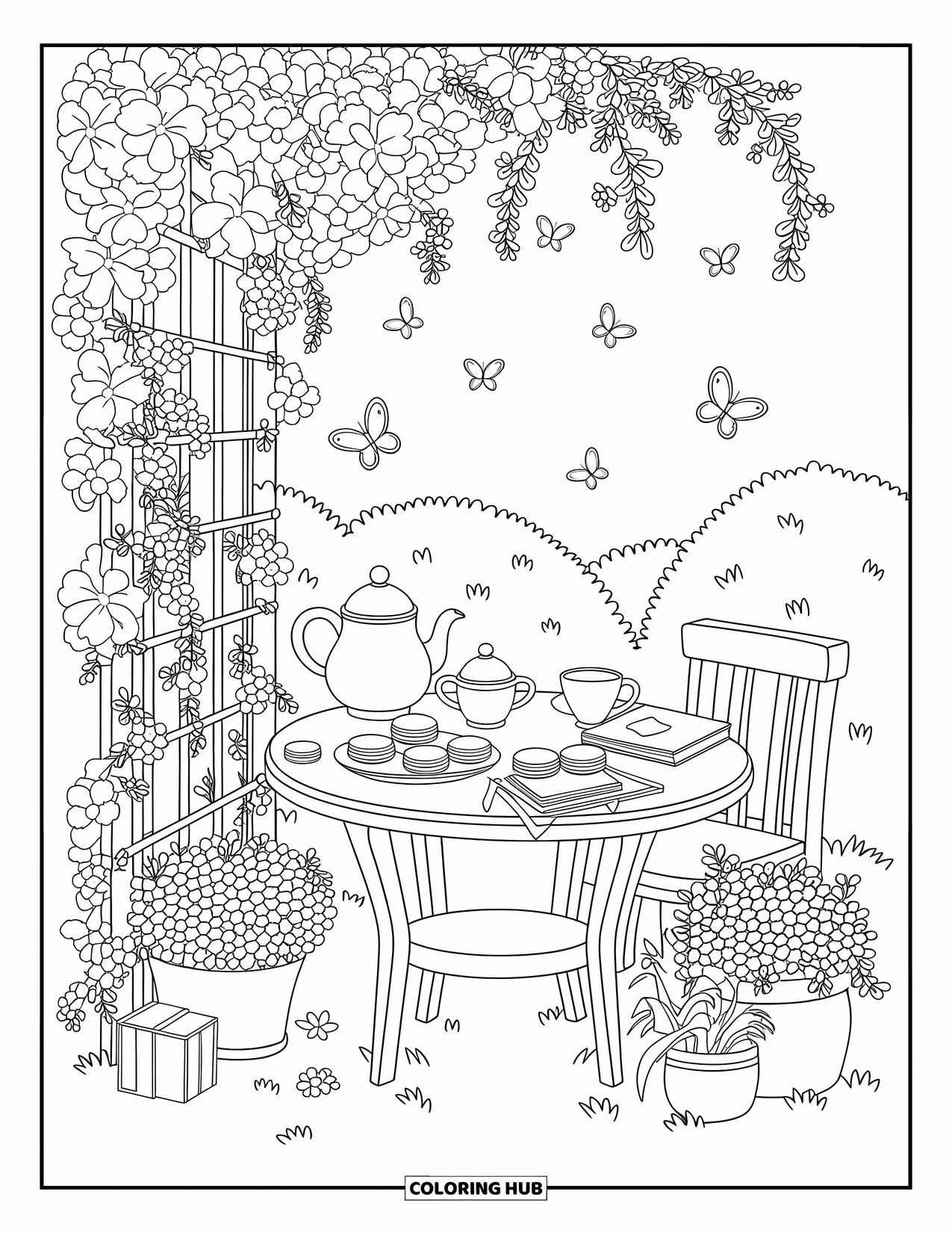 Relaxing Coloring Page for Adults: A quaint outdoor tea scene with butterflies, blossoms, and a cobblestone path