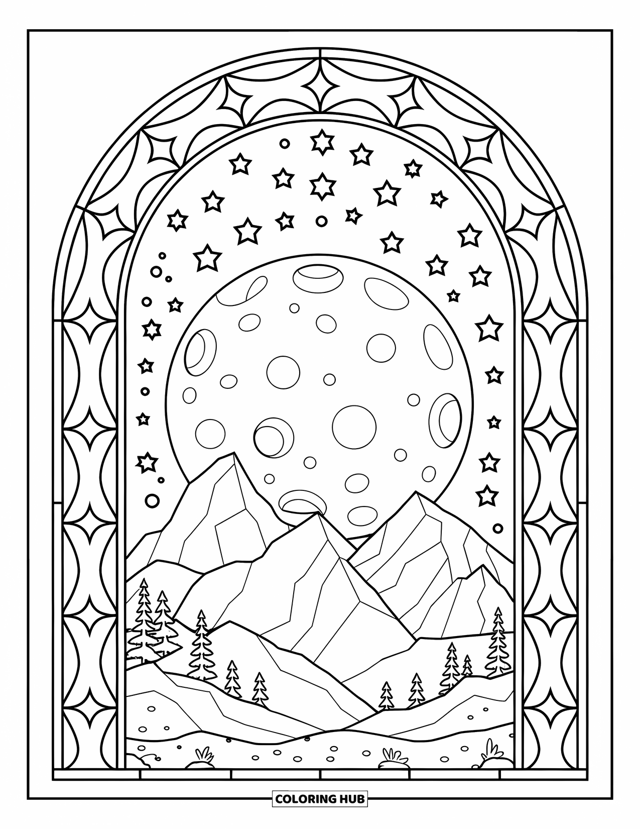 Relaxing Coloring Page for Adults: A serene moon over mountains glimmers through a star-filled stained glass frame