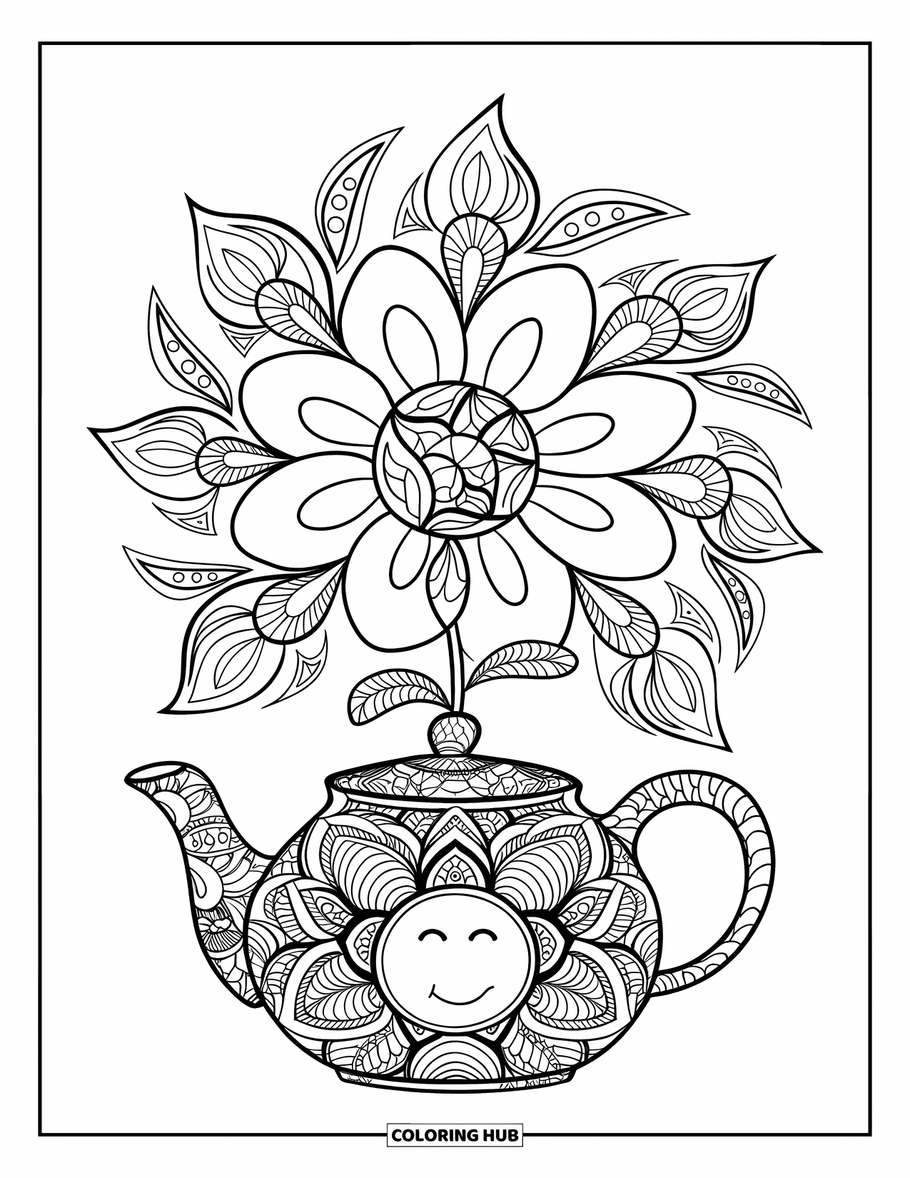 Relaxing Coloring Page for Adults: A smiling teapot sits at the center of a blooming flower mandala