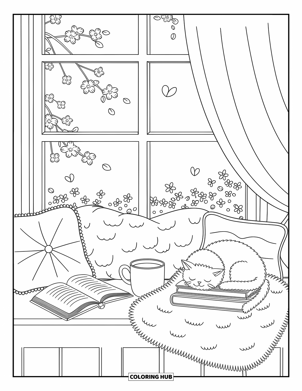 Relaxing Coloring Page for Adults: A soft windowsill with tea, books, and a napping cat feels serene