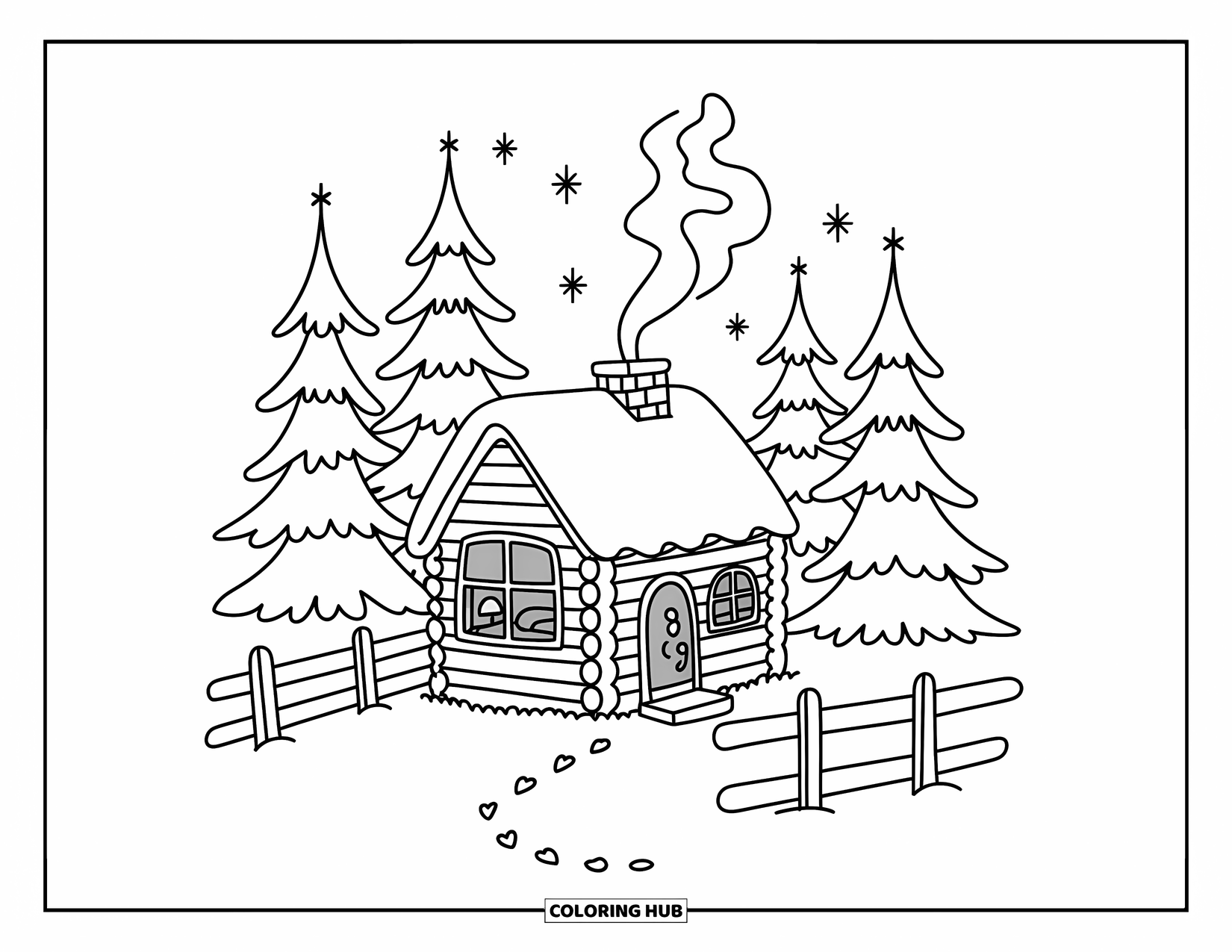 Relaxing Coloring Page for Adults: A tiny cabin in the woods glows softly beneath snow and pine trees