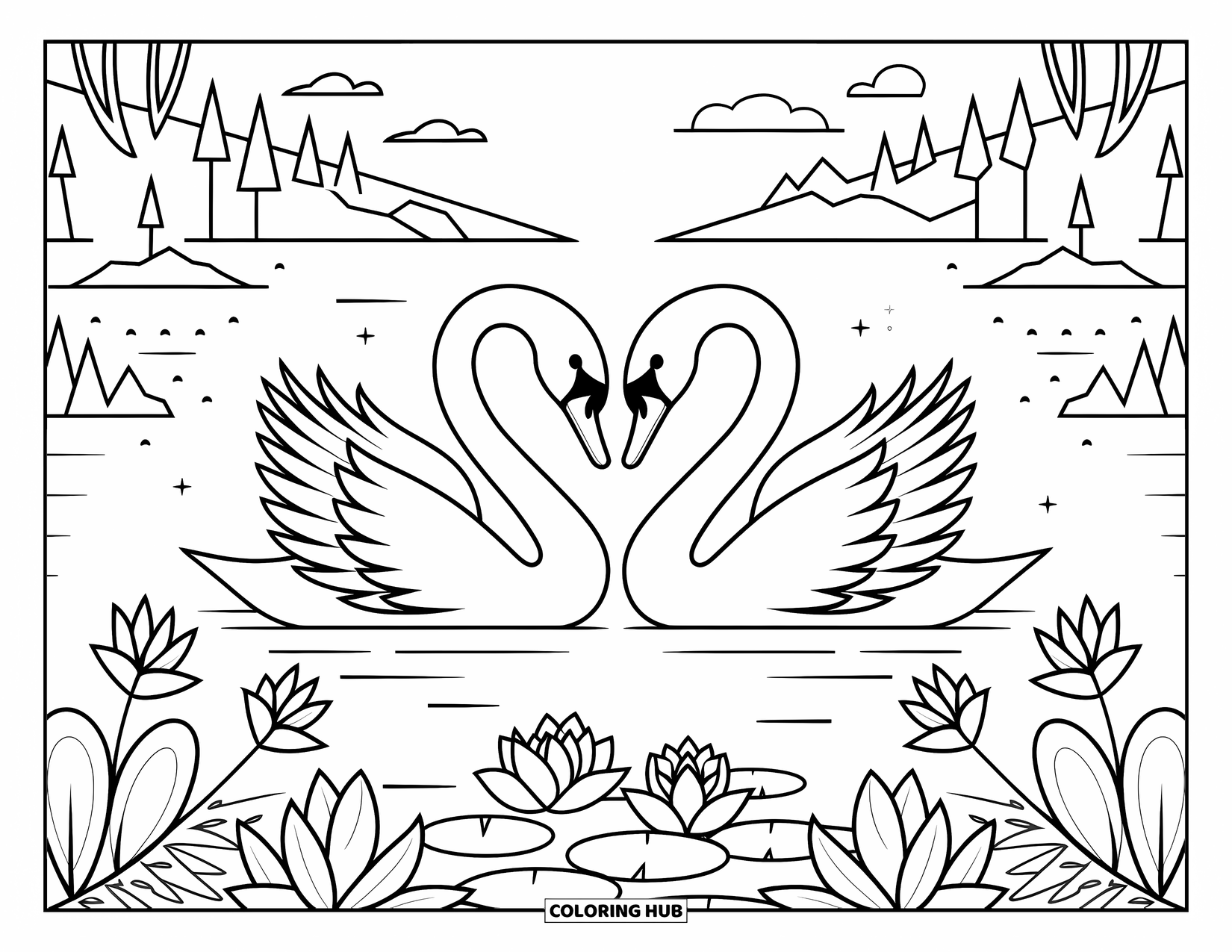 Relaxing Coloring Page for Adults: Peaceful swans form a heart shape surrounded by lilies and calm waters