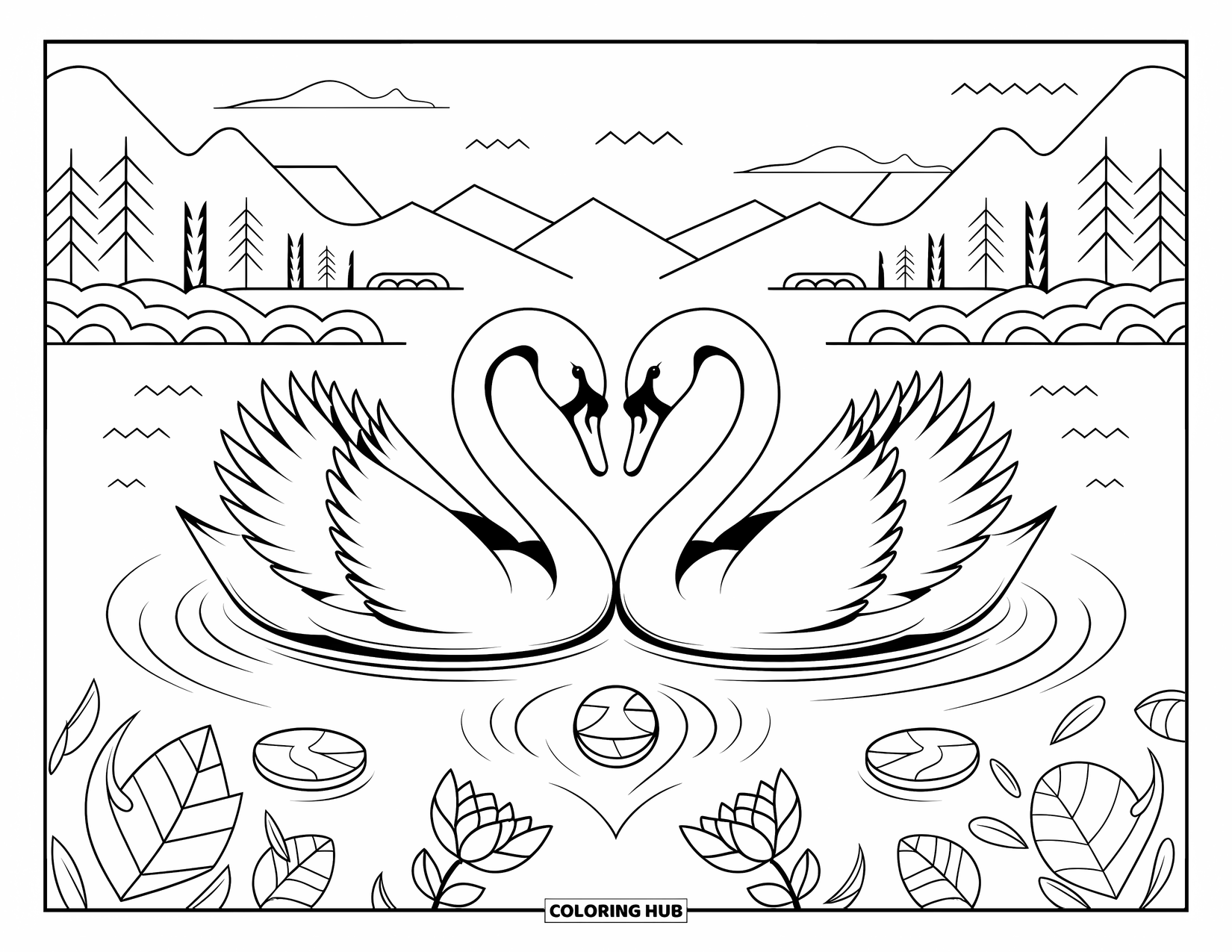 Relaxing Coloring Page for Adults: Two swans form a heart as they float among lilies on a calm lake