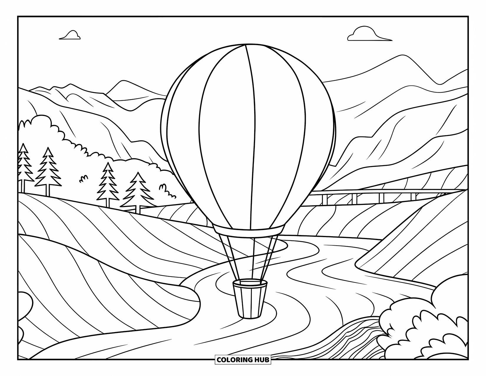 Relaxing Coloring Page for Kids: A balloon floats above rivers and bridges in a peaceful valley