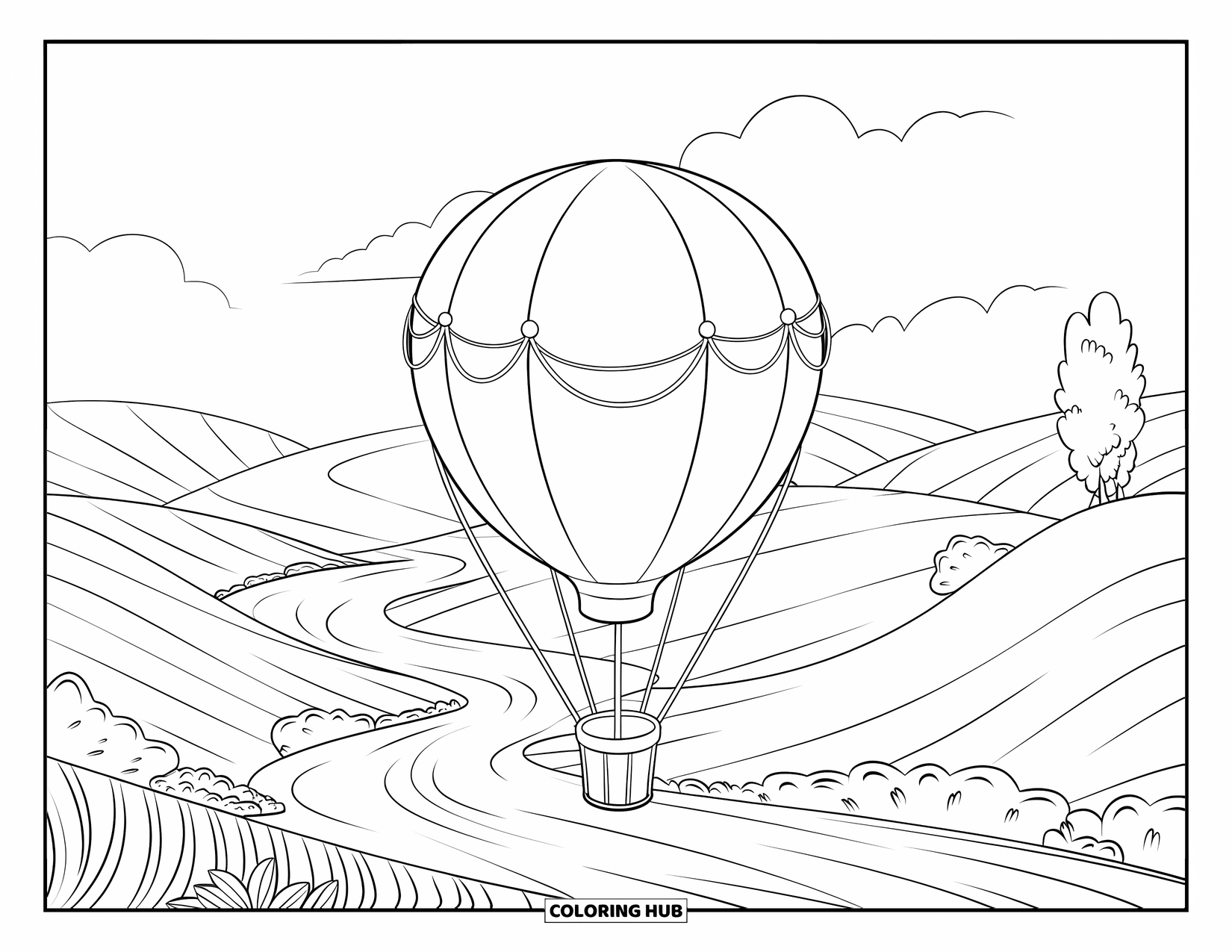 Relaxing Coloring Page for Kids: A balloon tied to a post hovers over calm hills and rivers