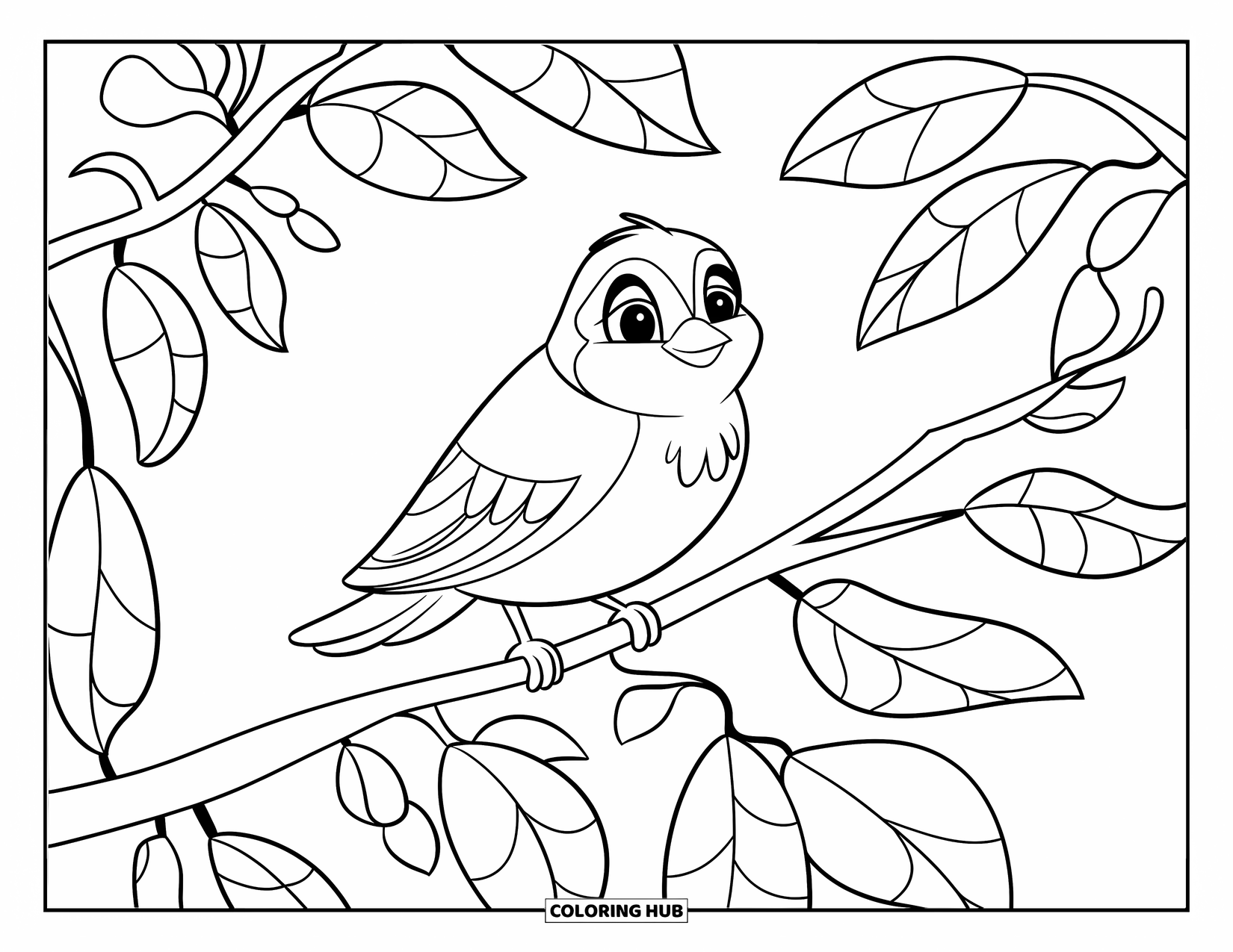 Relaxing Coloring Page for Kids: A bird perches quietly on a branch surrounded by large leaves