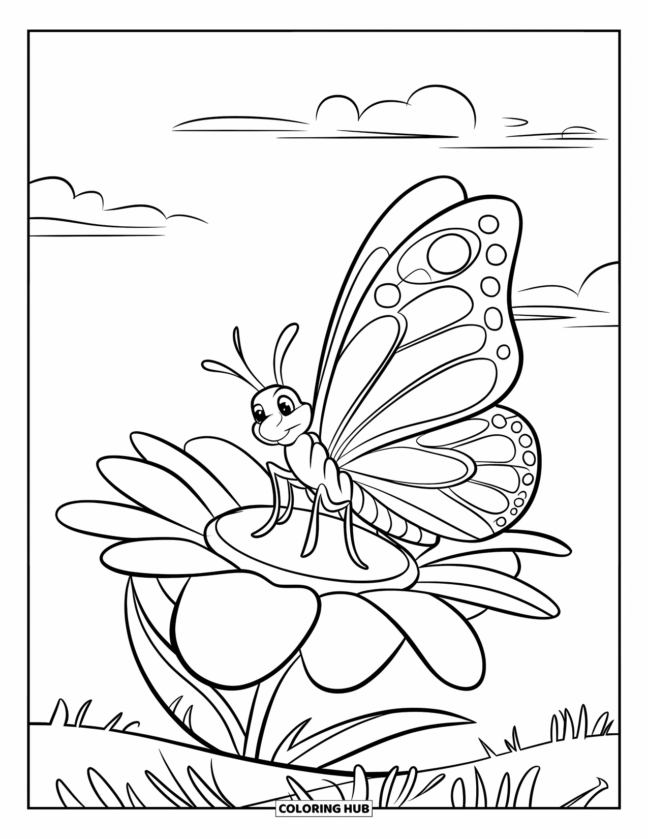 Relaxing Coloring Page for Kids: A butterfly rests on a big flower beneath the warm sun