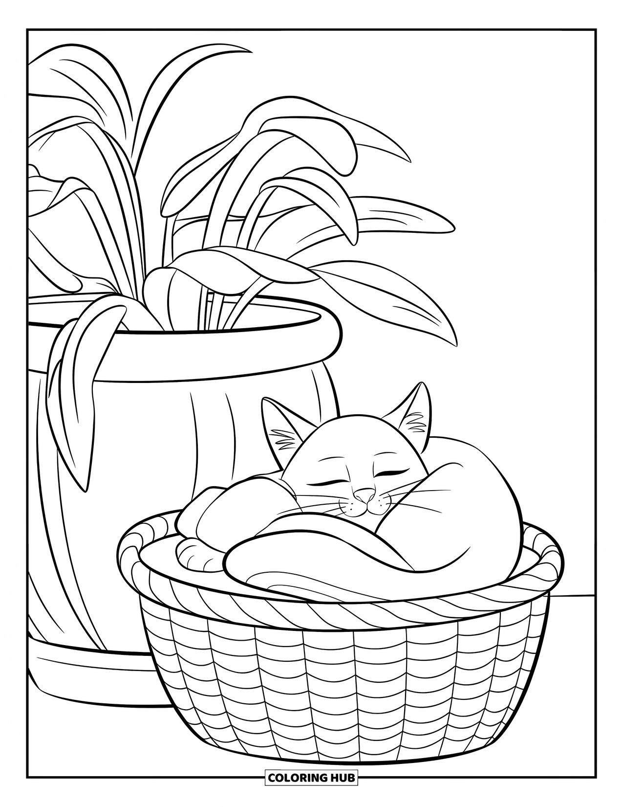 Relaxing Coloring Page for Kids: A cat curls up in a basket beside a large flowerpot