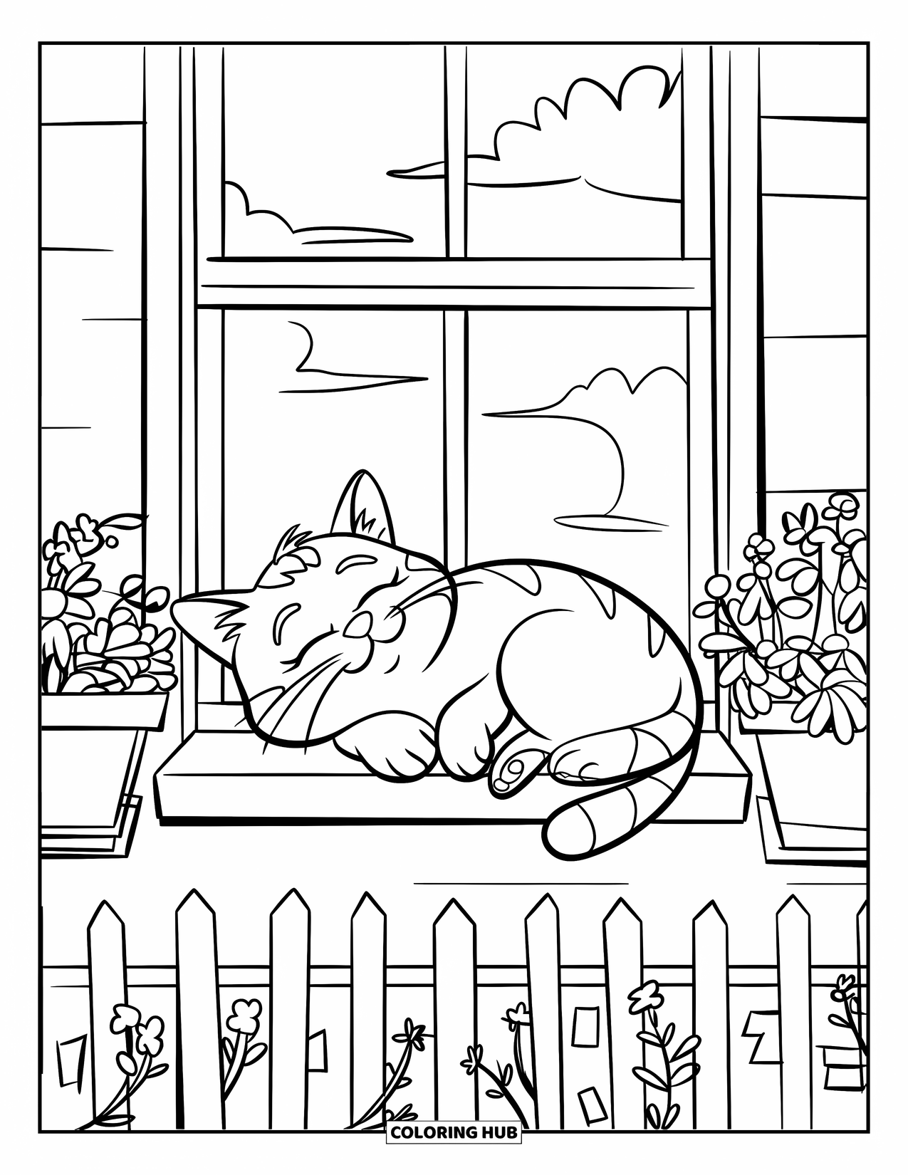 Relaxing Coloring Page for Kids: A cat naps on a sunny windowsill among potted flowers