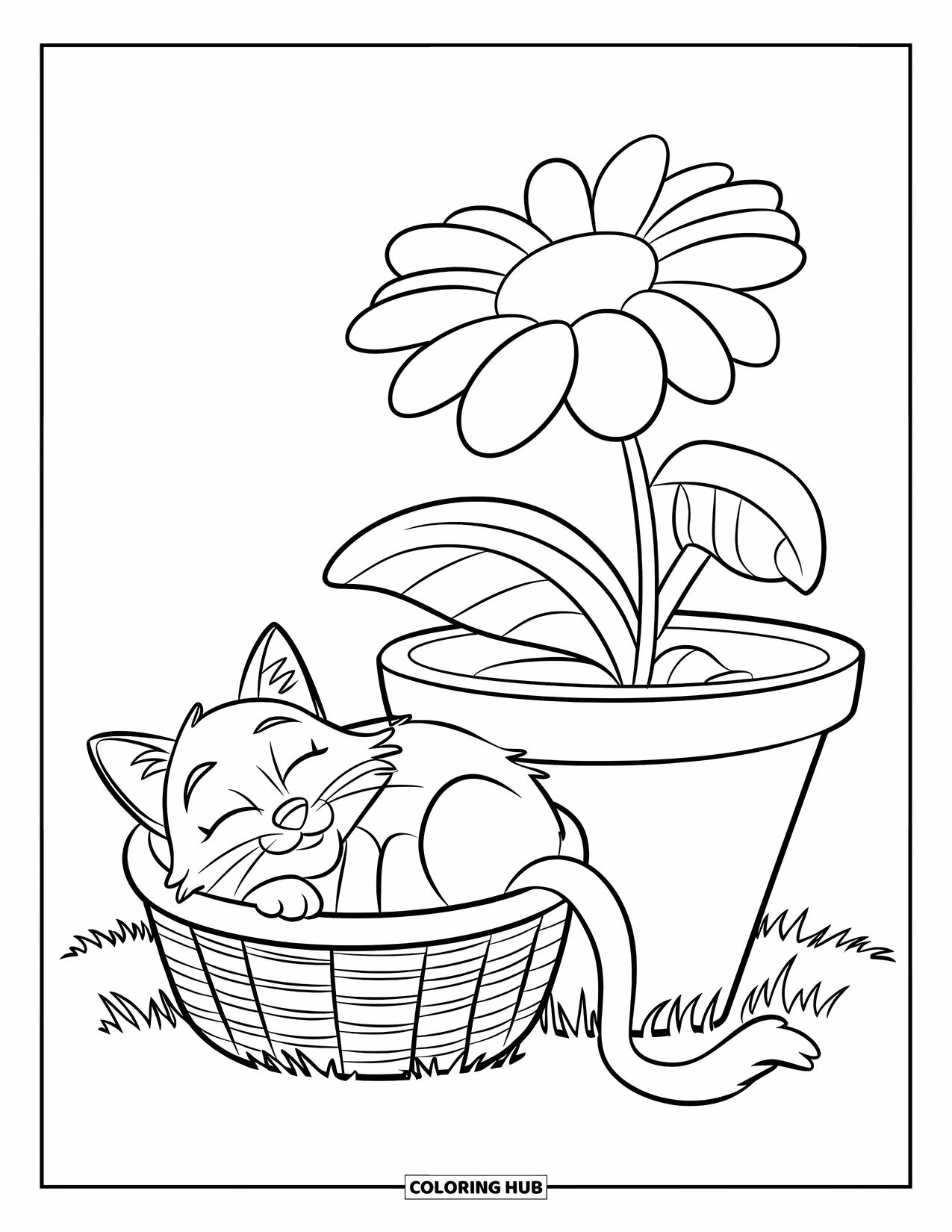 Relaxing Coloring Page for Kids: A cat purrs softly in a basket near a big flowerpot