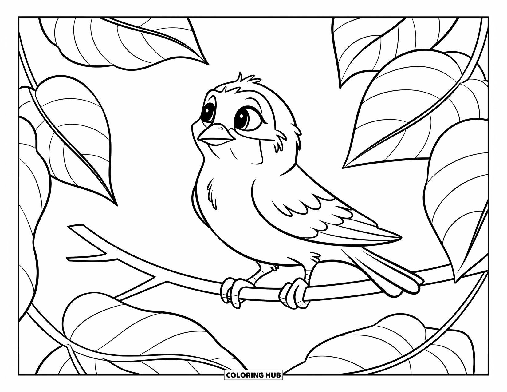 Relaxing Coloring Page for Kids: A cheerful bird perches on a branch with smooth round leaves