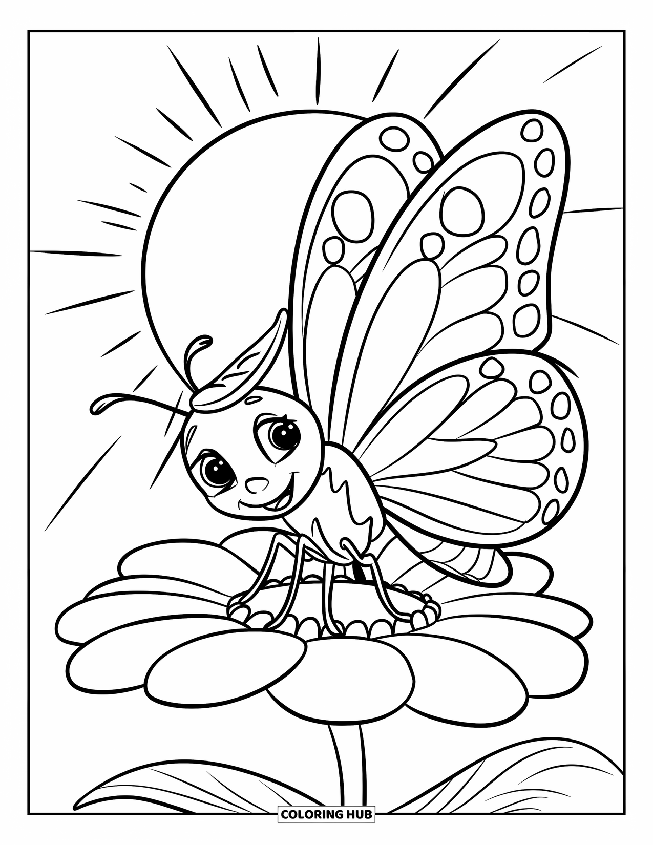 Relaxing Coloring Page for Kids: A cheerful butterfly flies over a bright flower in sunlight