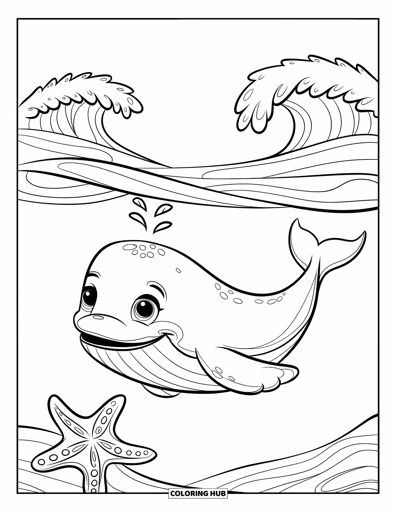 Relaxing Coloring Page for Kids: A cheerful whale swims beneath soft waves beside a starfish
