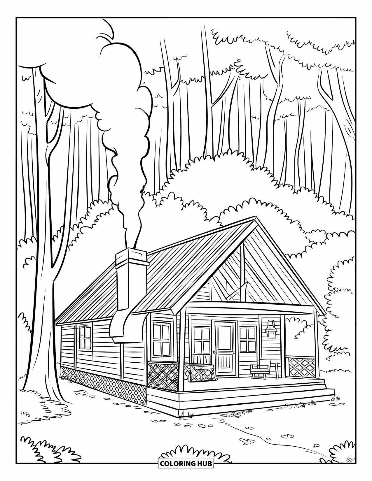 Relaxing Coloring Page for Kids: A cozy cabin stands in the woods with smoke curling from the chimney
