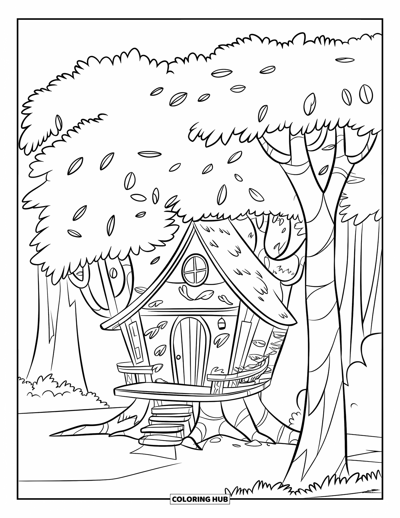Relaxing Coloring Page for Kids: A cozy treehouse stands hidden in a forest of tall trees